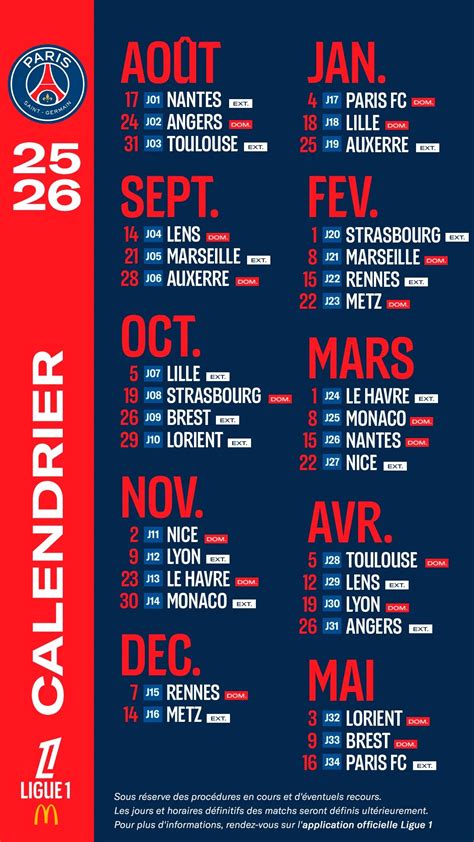 Calendrier PSG Ligue 1